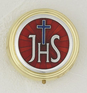 Red Enameled JHS with Cross Pyx. Approx. 2". Made in Italy. - Unique Catholic Gifts