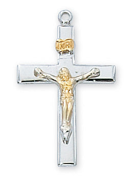 Sterling Silver  Tutone  Crucifix 18"  Chain & Box - Unique Catholic Gifts