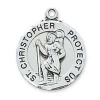 Sterling Silver Round St Christopher Medal. (1") on 24" Chain - Unique Catholic Gifts