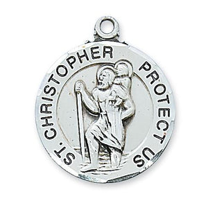 Sterling Silver Round St Christopher Medal. (1") on 24" Chain - Unique Catholic Gifts