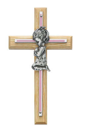 (73-05) 7" Oak Sil/pk Ol Pray Girl - Unique Catholic Gifts