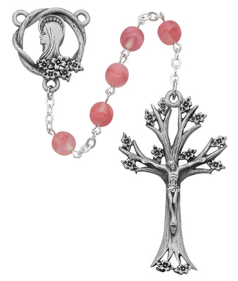 (995df) 7mm Rose Glass Dogwood Rosary - Unique Catholic Gifts