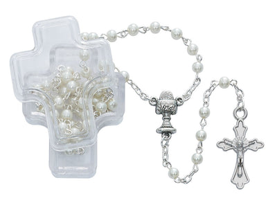 White Pearl Communion Rosary in clear Cross Case (4MM) - Unique Catholic Gifts