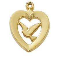 Gold Over Sterling Silver Heart with Dove (1/2") on 18" Gold plated chain - Unique Catholic Gifts