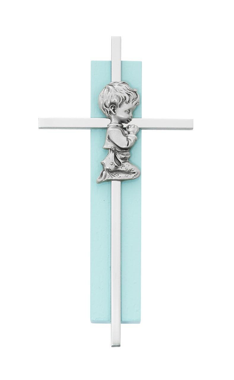 (73-60) 6" Silver Cross on Blue Wood - Unique Catholic Gifts