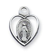 Sterling Silver Miraculous Medal inside a Heart. (1/2") on 16 chain. - Unique Catholic Gifts