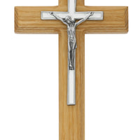 (80-198) 7" Oak Silver & White Crucifix - Unique Catholic Gifts