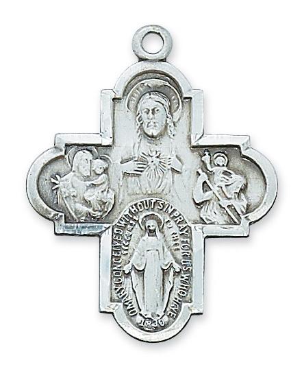 Sterling Silver 4-way Medal (1 1/4") on 24" chain - Unique Catholic Gifts