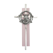 (73-52) 6" Silver Cross on Pink Wood - Unique Catholic Gifts