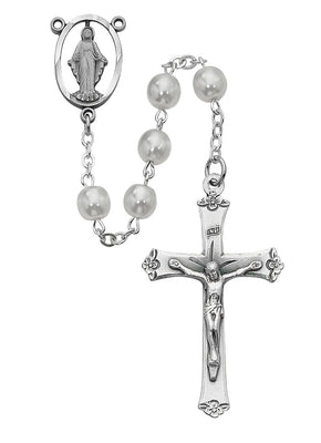 (R276rf) 7mm White Glass Pearl Rosary - Unique Catholic Gifts