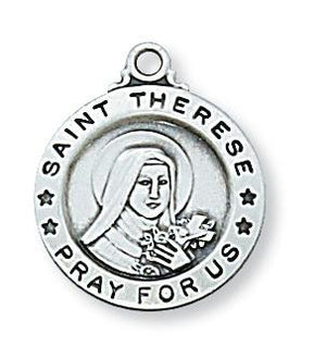 Sterling Silver St Therese Medal (5/8") includes 18" chain - Unique Catholic Gifts