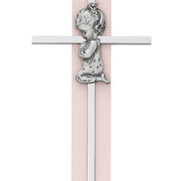 (73-59) 6" Silver Cross on Pink Wood - Unique Catholic Gifts