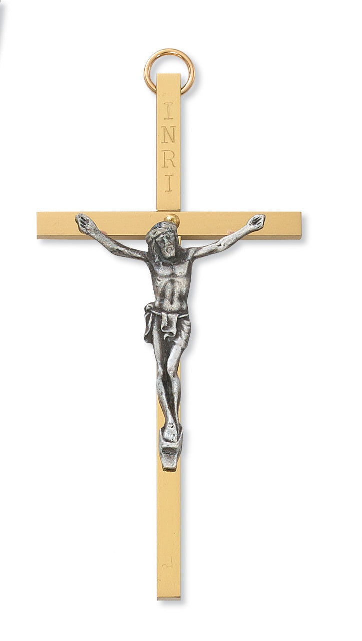 (79-11247) 2x4" Brass Crucifix W Silver - Unique Catholic Gifts