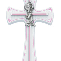 (73-11) 7" Girl Cross on White Wood - Unique Catholic Gifts