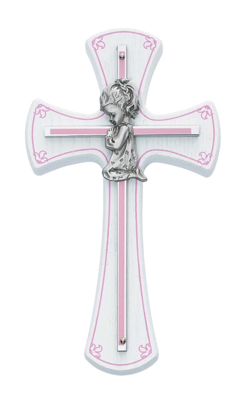 (73-11) 7" Girl Cross on White Wood - Unique Catholic Gifts
