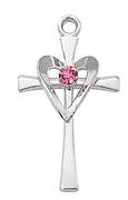 (L9178) Ss Cross W/rose Stone & Heart - Unique Catholic Gifts