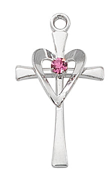 (L9178) Ss Cross W/rose Stone & Heart - Unique Catholic Gifts