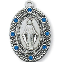 Sterling Silver Miraculous Medal with Blue Stones (1") 0n 18" chain - Unique Catholic Gifts