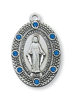 Sterling Silver Miraculous Medal with Blue Stones (1