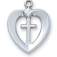 Sterling Silver Heart and Cross (1/2") on 18 "chain (L419) - Unique Catholic Gifts