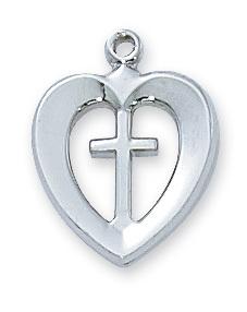Sterling Silver Heart and Cross (1/2") on 18 "chain (L419) - Unique Catholic Gifts