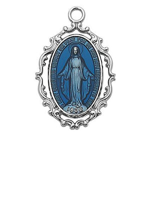 Sterling Silver Blue Miraculous Medal (1") on 18" Chain (L635) - Unique Catholic Gifts