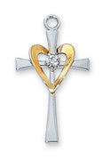 Sterling Silver Cross with Gold Heart and Center Stone (1") on 18 inch chain.(L9117) - Unique Catholic Gifts
