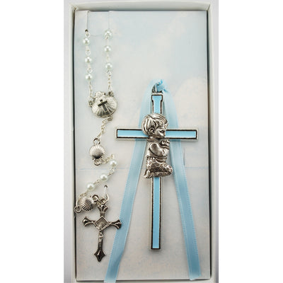 (Bs52) Blue Boy Cross & Shell Rosary - Unique Catholic Gifts