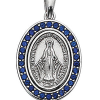 Sterling Silver Blue Stone Miraculous Medal with 18" chain - Unique Catholic Gifts