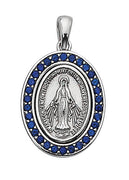 Sterling Silver Blue Stone Miraculous Medal with 18" chain - Unique Catholic Gifts