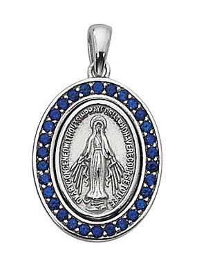 Sterling Silver Blue Stone Miraculous Medal with 18