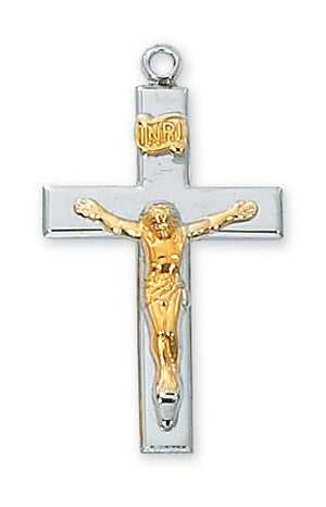 Sterling Silver Tutone  Crucifix 18"  Chain & Box - Unique Catholic Gifts