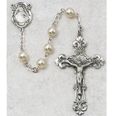 (131lf) Ss 6mm Pearl Glass Rosary - Unique Catholic Gifts