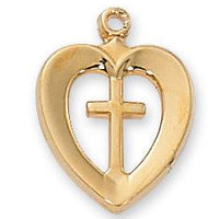 Gold over Sterling Silver Heart and Cross (5/8") on 18" chain (J419) - Unique Catholic Gifts