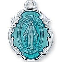 Miraculous Medal Sterling Silver with Blue Enamel  3/4" X 1/2" - Unique Catholic Gifts