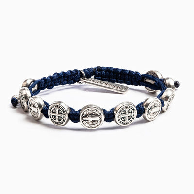 Benedictine Blessing Bracelet Silver Medal on Navy Cord - Unique Catholic Gifts