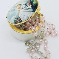 Round Porcelain Rosary Baptism Box with Glass Enclosed Top - Unique Catholic Gifts