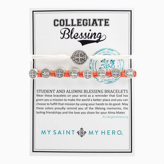 Student & Alumni Blessing Bracelets Silver Medal on White and Orange Cords - Unique Catholic Gifts