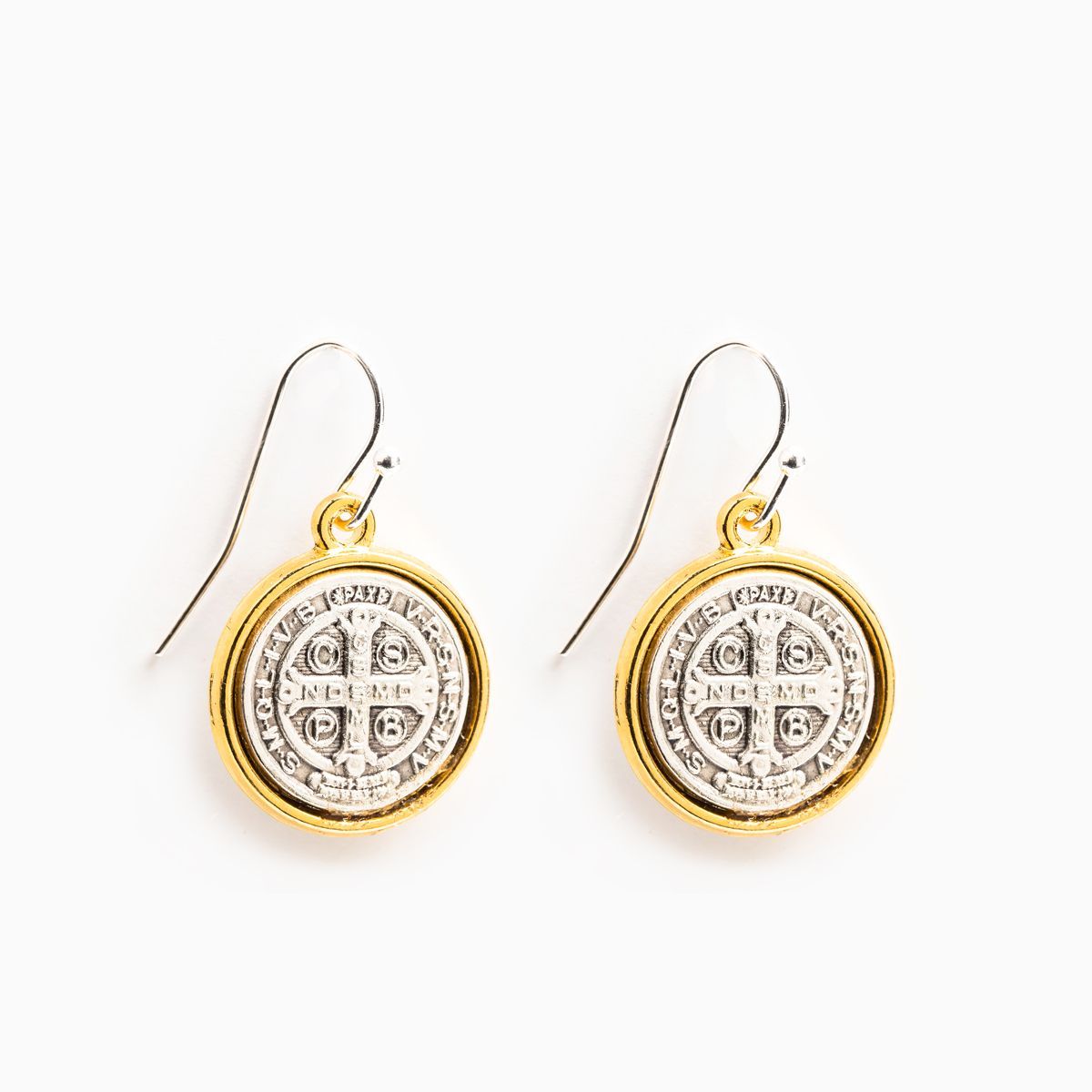 Benedictine Blessing Gold Rim Earrings - Unique Catholic Gifts