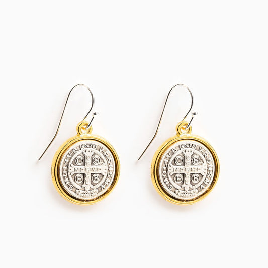 Benedictine Blessing Gold Rim Earrings - Unique Catholic Gifts