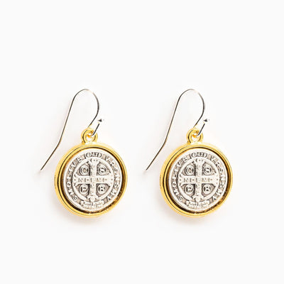 Benedictine Blessing Gold Rim Earrings - Unique Catholic Gifts