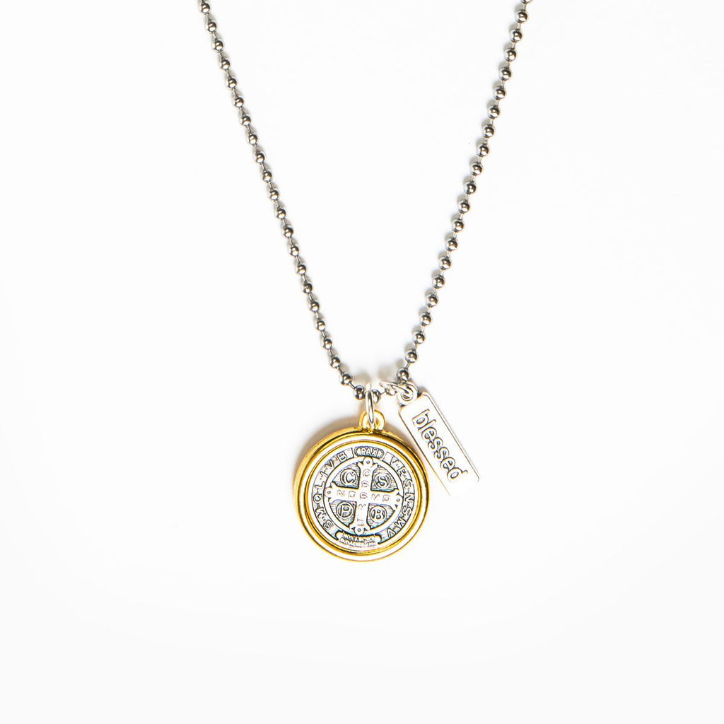 Benedictine Blessing Gold Rim Necklace - Unique Catholic Gifts