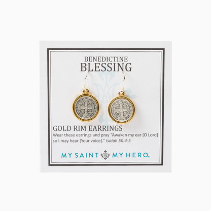 Benedictine Blessing Gold Rim Earrings - Unique Catholic Gifts