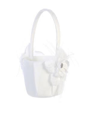 Flower Girl Basket with Flower and Feather Accents Ivory - Unique Catholic Gifts