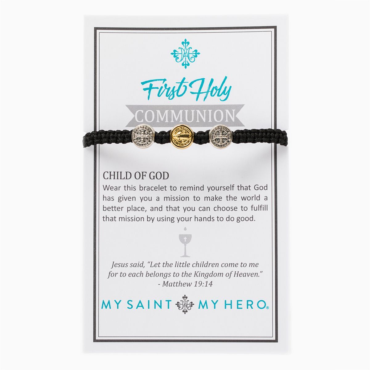 First Holy Communion Child of God Bracelet - Silver and Gold Medals (mixed) on Black Cord - Unique Catholic Gifts