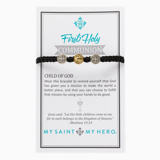 First Holy Communion Child of God Bracelet - Silver and Gold Medals (mixed) on Black Cord - Unique Catholic Gifts