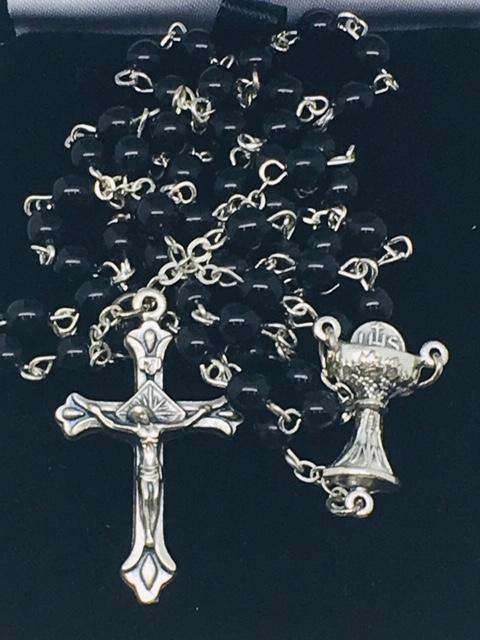 First Communion Black Glass Bead Rosary with Chalice Center Piece (5MM) - Unique Catholic Gifts
