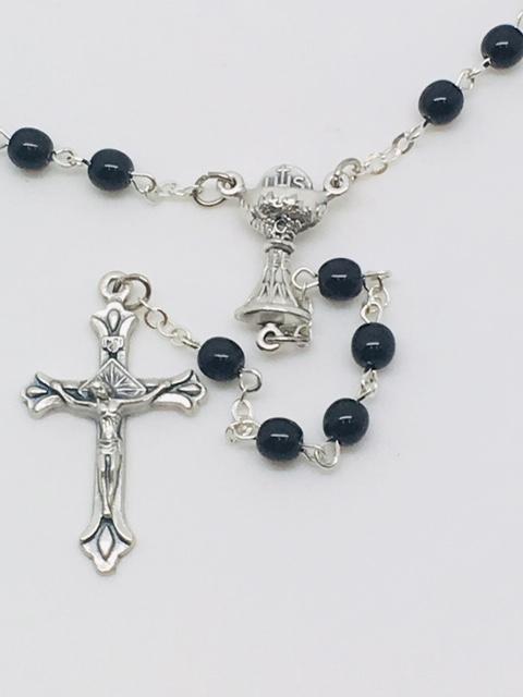 First Communion Black Glass Bead Rosary with Chalice Center Piece (5MM) - Unique Catholic Gifts