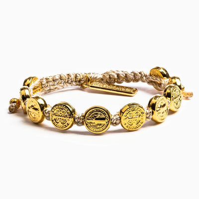 Blessings of Joy Christmas Bracelet (Gold Medals on Tan Cording) - Unique Catholic Gifts