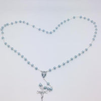 Powder Blue Pearl Bead Miraculous Medal Rosary (21") - Unique Catholic Gifts